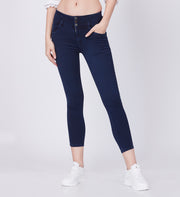 Blum Denim Women's (1920) Dark Blue High-Waist Skinny Fit Ankle-Length Knitted Jeans: Stylish Pencil Fit with Stretchable Comfort