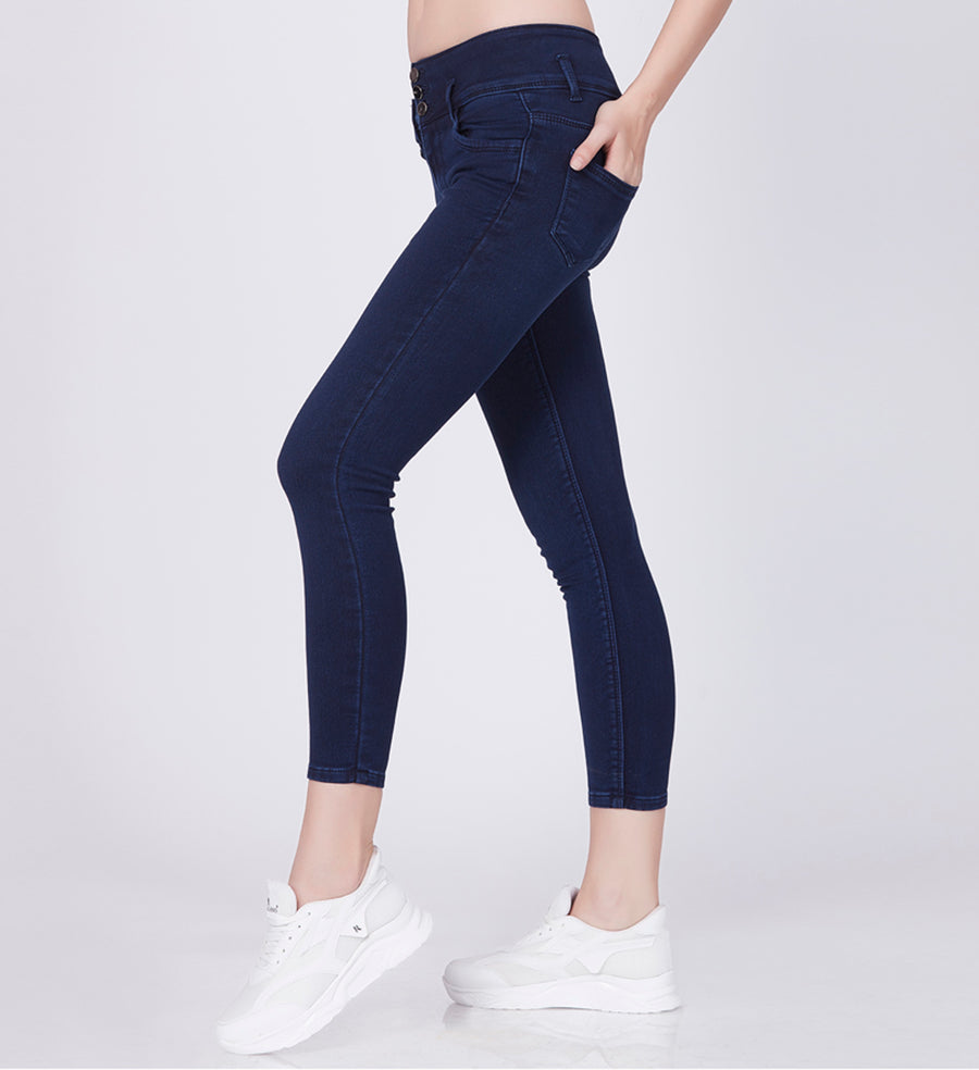 Blum Denim Women's (1920) Dark Blue High-Waist Skinny Fit Ankle-Length Knitted Jeans: Stylish Pencil Fit with Stretchable Comfort