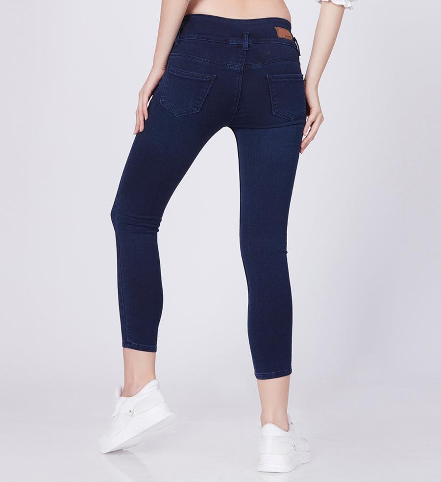 Blum Denim Women's (1920) Dark Blue High-Waist Skinny Fit Ankle-Length Knitted Jeans: Stylish Pencil Fit with Stretchable Comfort