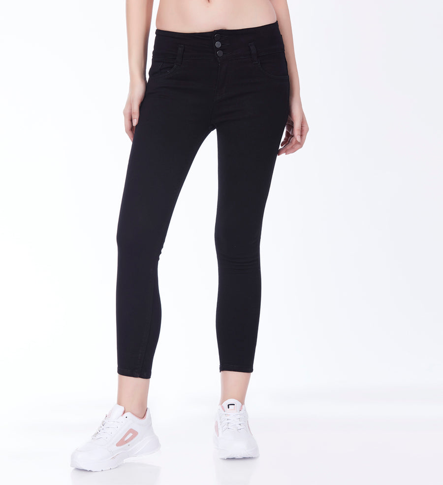 Blum Denim Women's (1920) Black High-Waist Skinny Fit Ankle-Length Knitted Jeans: Stylish Pencil Fit with Stretchable Comfort