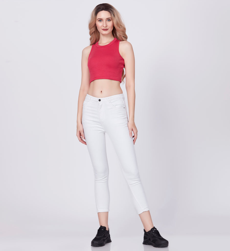 Blum Denim Women's (11828) White Skinny Fit High Waist Knitted Denim Jeans: Elevate Your Style with Ankle-Length Comfort and Versatility