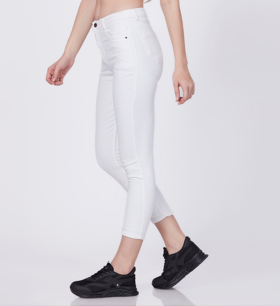 Blum Denim Women's (11828) White Skinny Fit High Waist Knitted Denim Jeans: Elevate Your Style with Ankle-Length Comfort and Versatility