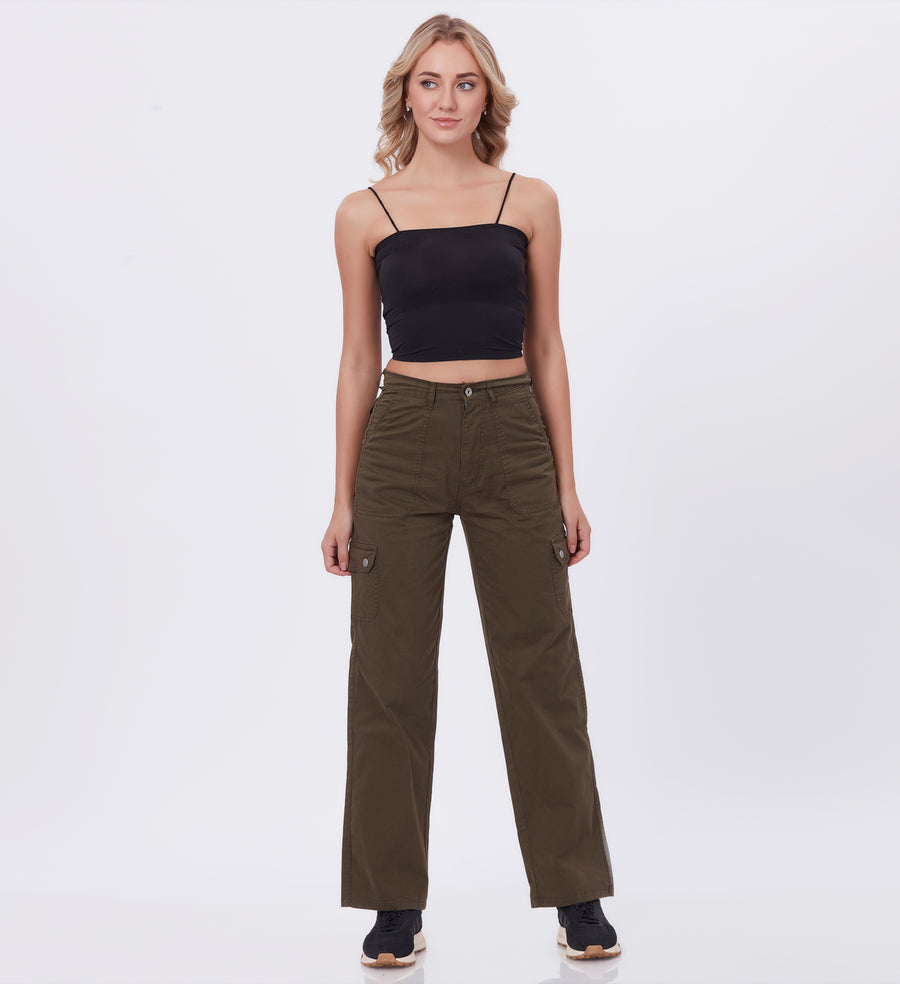 Blum Denim Women's (2603) Green Straight Fit High-Waist Cargo: Stretchable Knitted Denim Jeans for Effortless Style