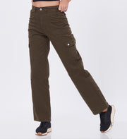 Blum Denim Women's (2603) Green Straight Fit High-Waist Cargo: Stretchable Knitted Denim Jeans for Effortless Style