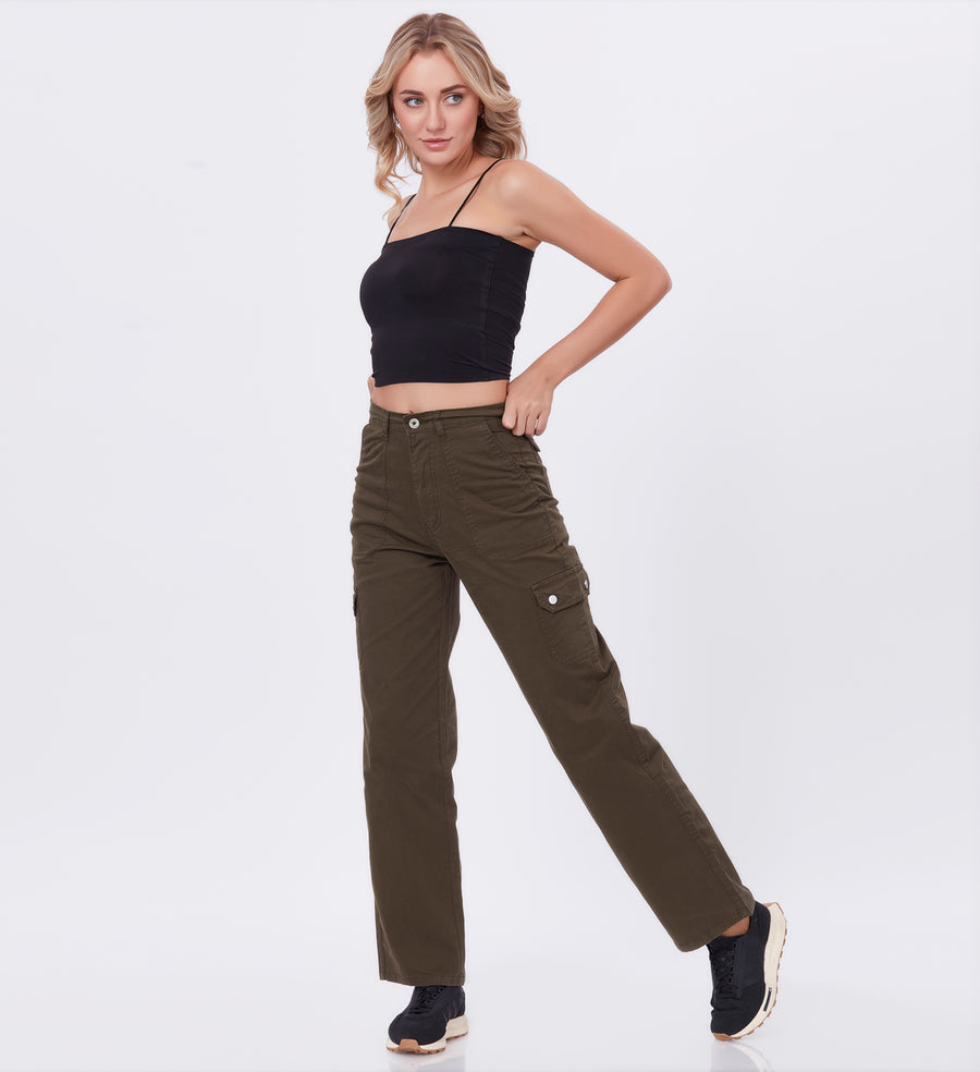 Blum Denim Women's (2603) Green Straight Fit High-Waist Cargo: Stretchable Knitted Denim Jeans for Effortless Style