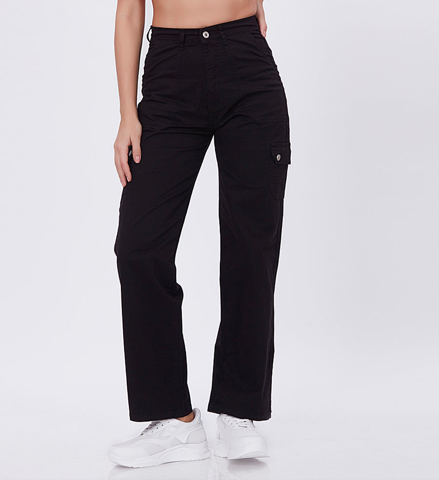Blum Denim Women's (2603) Black Straight Fit High-Waist Cargo: Stretchable Knitted Denim Jeans for Effortless Style