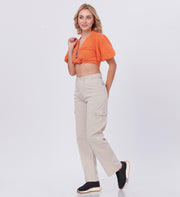 Blum Denim Women's (2603) Beige Straight Fit High-Waist Cargo: Stretchable Knitted Denim Jeans for Effortless Style