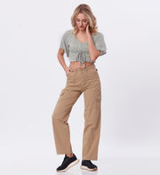 Blum Denim Women's (2603) Khaki Straight Fit High-Waist Cargo: Stretchable Knitted Denim Jeans for Effortless Style