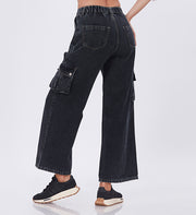 Blum Denim Women's (1803) Black Straight Fit High-Waist Cargo: Stretchable Knitted Denim Jeans for Urban Chic