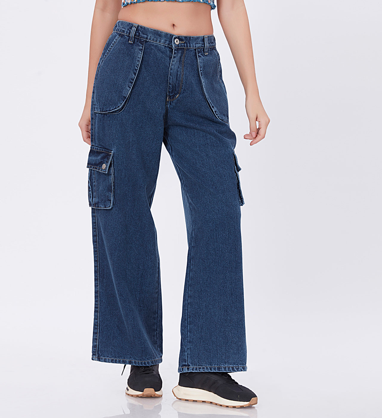 Blum Denim Women's (1803) Blue Straight Fit High-Waist Cargo: Stretchable Knitted Denim Jeans for Urban Chic