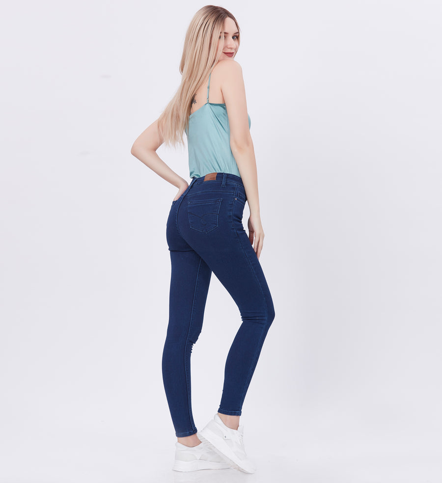 Blum Denim Women's (1829) Dark Blue Full-Length Skinny/Pencil Fit High-Waist Single Button Stretchable Knitted Denim Jeans: Elevate Your Everyday Elegance
