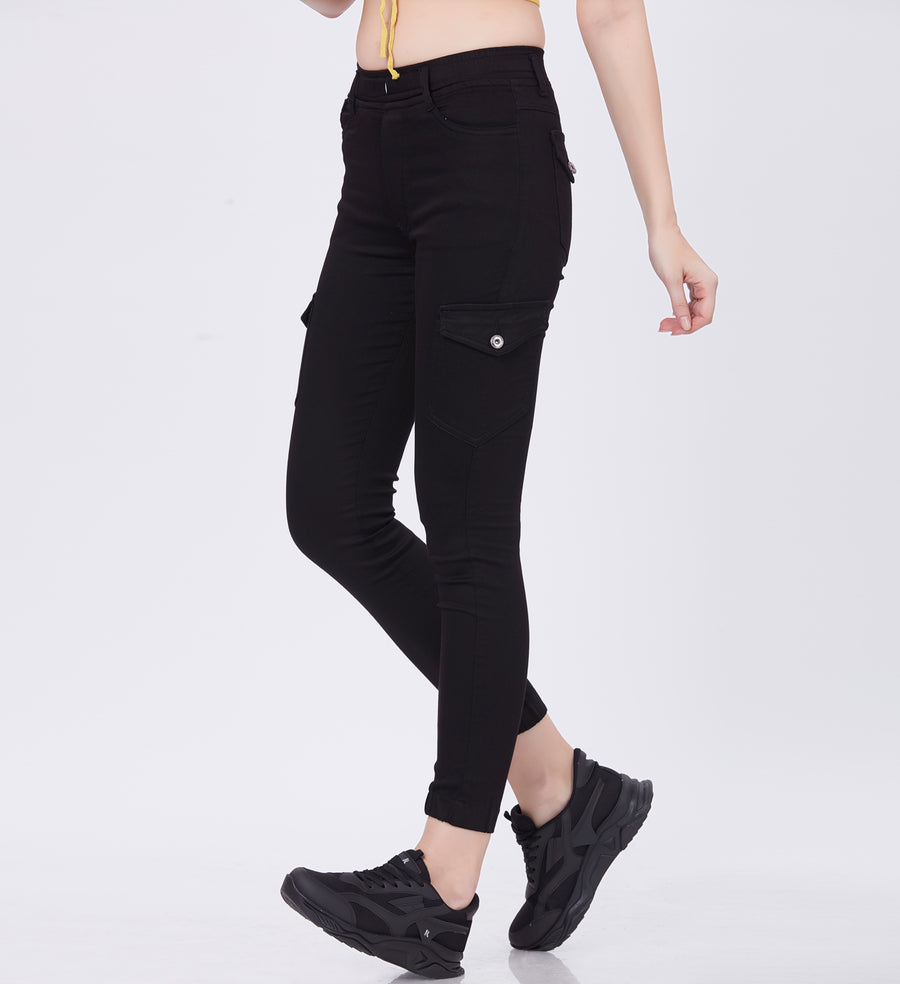 Blum Denim Women's (1612) Black Skinny Fit High-Waist Cargo/Joggers: Ankle-Length Stretchable Knitted Denim Jeans for Effortless Style