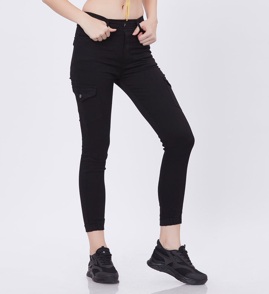 Blum Denim Women's (1612) Black Skinny Fit High-Waist Cargo/Joggers: Ankle-Length Stretchable Knitted Denim Jeans for Effortless Style