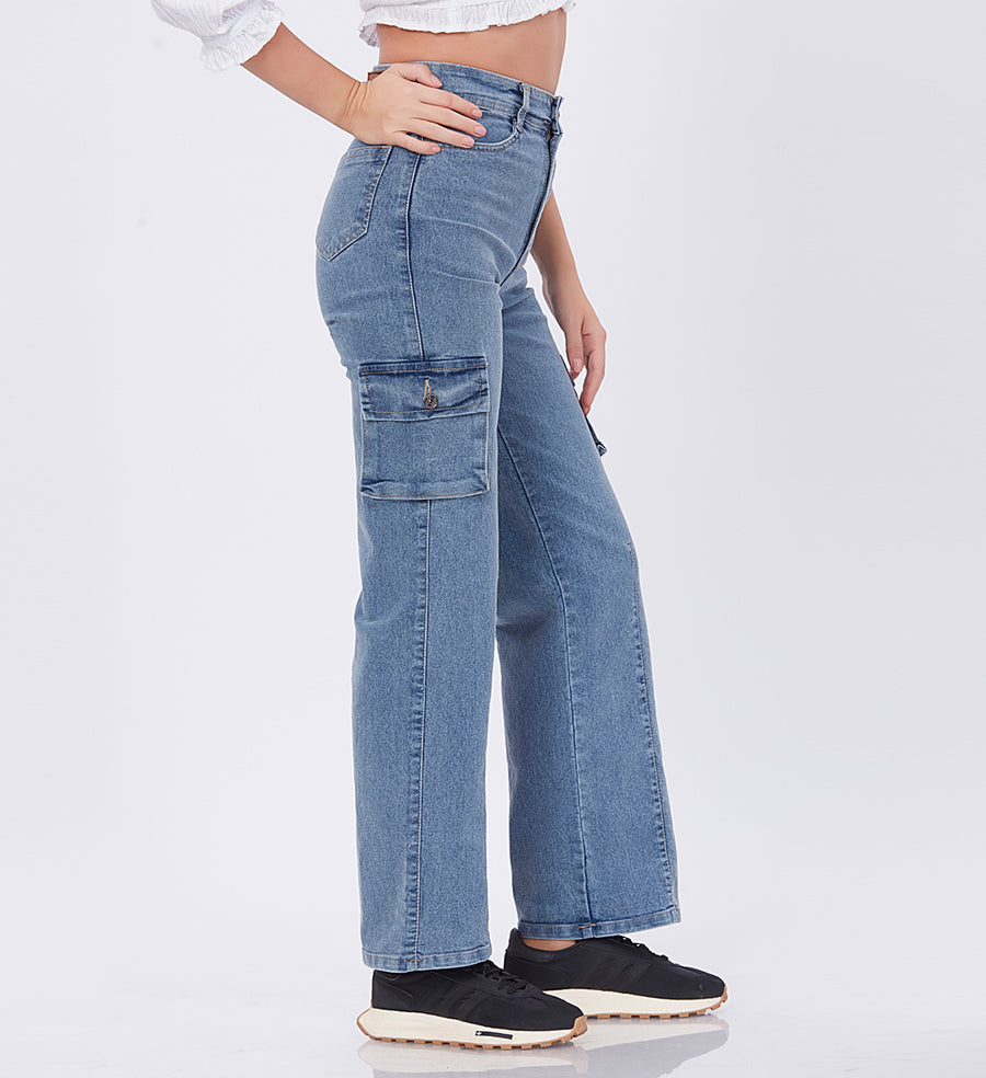 Blum Denim Women's (1766) Ice Straight Fit High-Waist Cargo: Stretchable Knitted Denim Jeans for Effortless Style