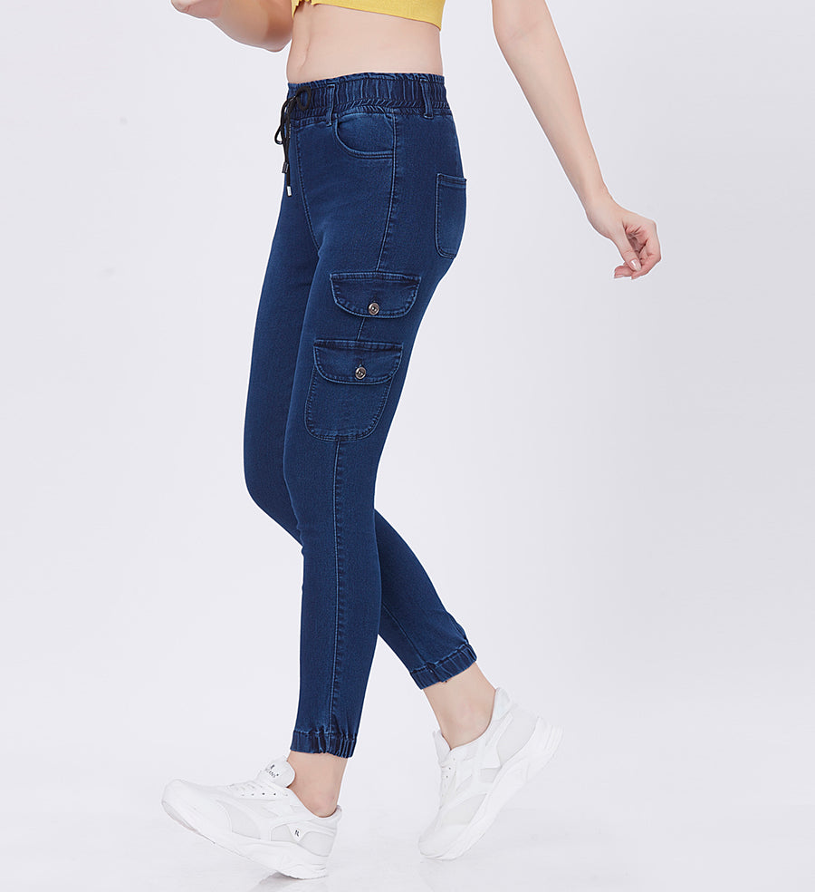 Blum Denim Women's (1820) Blue Skinny Fit High-Waist Cargo/Joggers: Ankle-Length Stretchable Knitted Denim Jeans for Effortless Style