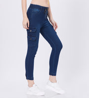 Blum Denim Women's (1820) Blue Skinny Fit High-Waist Cargo/Joggers: Ankle-Length Stretchable Knitted Denim Jeans for Effortless Style