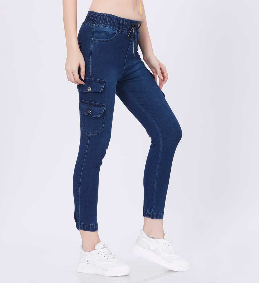 Blum Denim Women's (1820) Blue Skinny Fit High-Waist Cargo/Joggers: Ankle-Length Stretchable Knitted Denim Jeans for Effortless Style