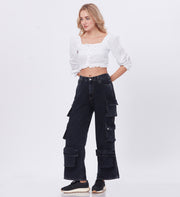 Blum Denim Women's (1801) Black Straight Fit High-Waist Cargo: Stretchable Knitted Denim Jeans for Effortless Style