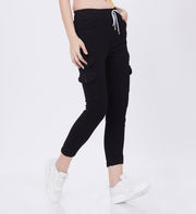 Blum Denim Women's (1820) Black Skinny Fit High-Waist Cargo/Joggers: Ankle-Length Stretchable Knitted Denim Jeans for Effortless Style