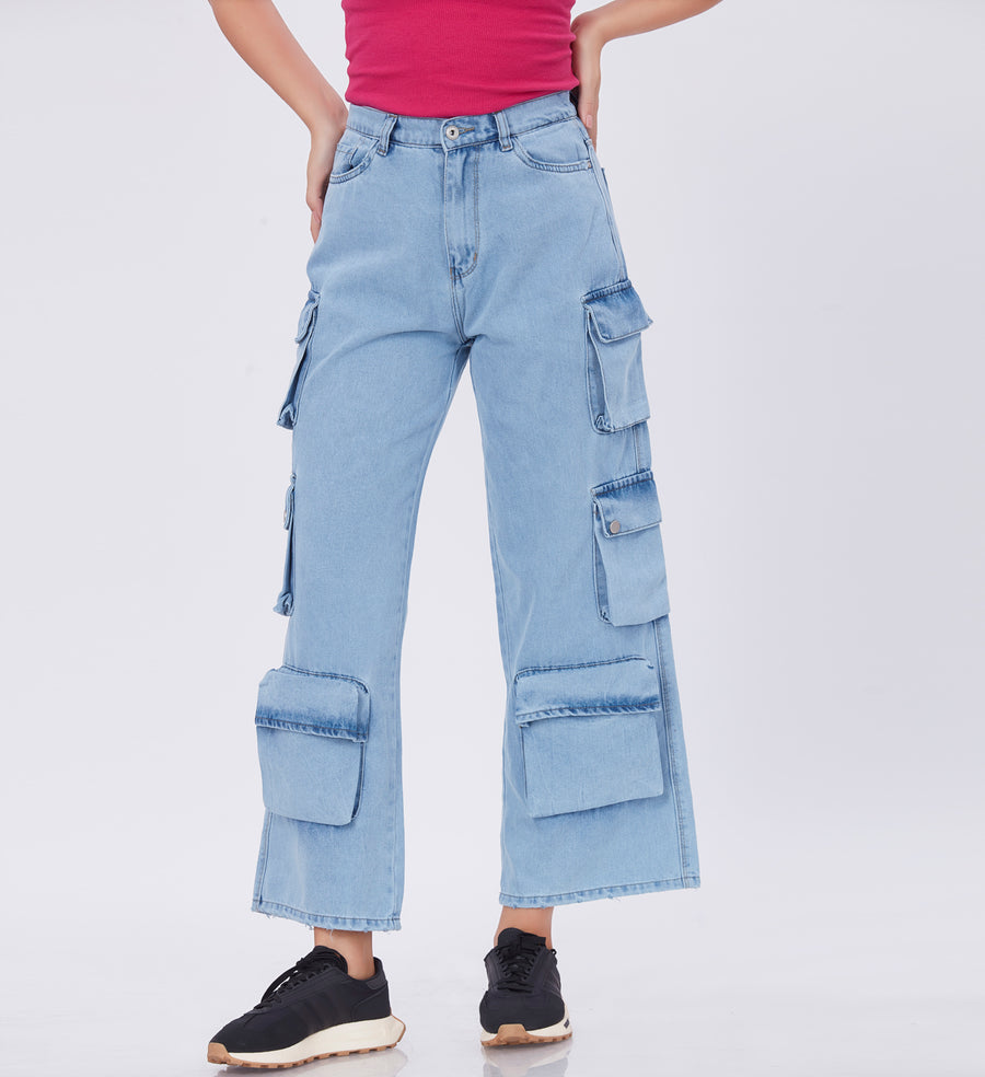 Blum Denim Women's (1801) Ice Blue Straight Fit High-Waist Cargo: Stretchable Knitted Denim Jeans for Effortless Style