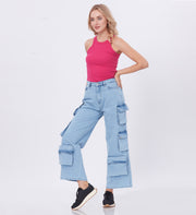 Blum Denim Women's (1801) Ice Blue Straight Fit High-Waist Cargo: Stretchable Knitted Denim Jeans for Effortless Style