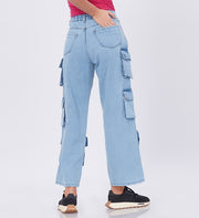 Blum Denim Women's (1801) Ice Blue Straight Fit High-Waist Cargo: Stretchable Knitted Denim Jeans for Effortless Style