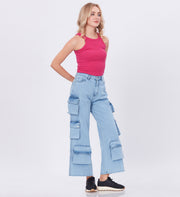 Blum Denim Women's (1801) Ice Blue Straight Fit High-Waist Cargo: Stretchable Knitted Denim Jeans for Effortless Style