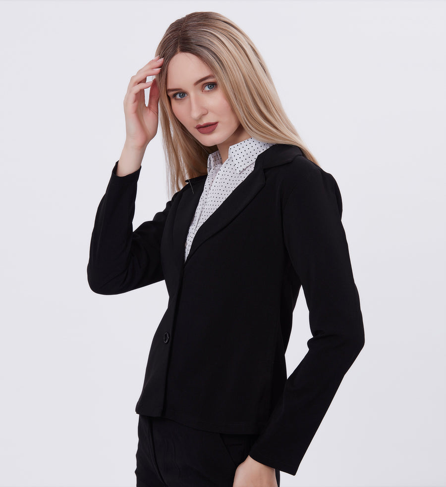 Blum Denim Women's  (1309) Black Regular Fit Single Breasted Double Button Notch Collar Blazer in Lachka Fabric