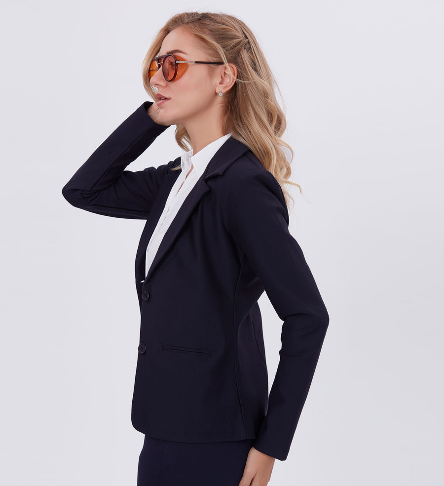 Blum Denim Women's (1315) Navy Blue Regular Fit Single Breasted Double Button Notch Collar Blazer