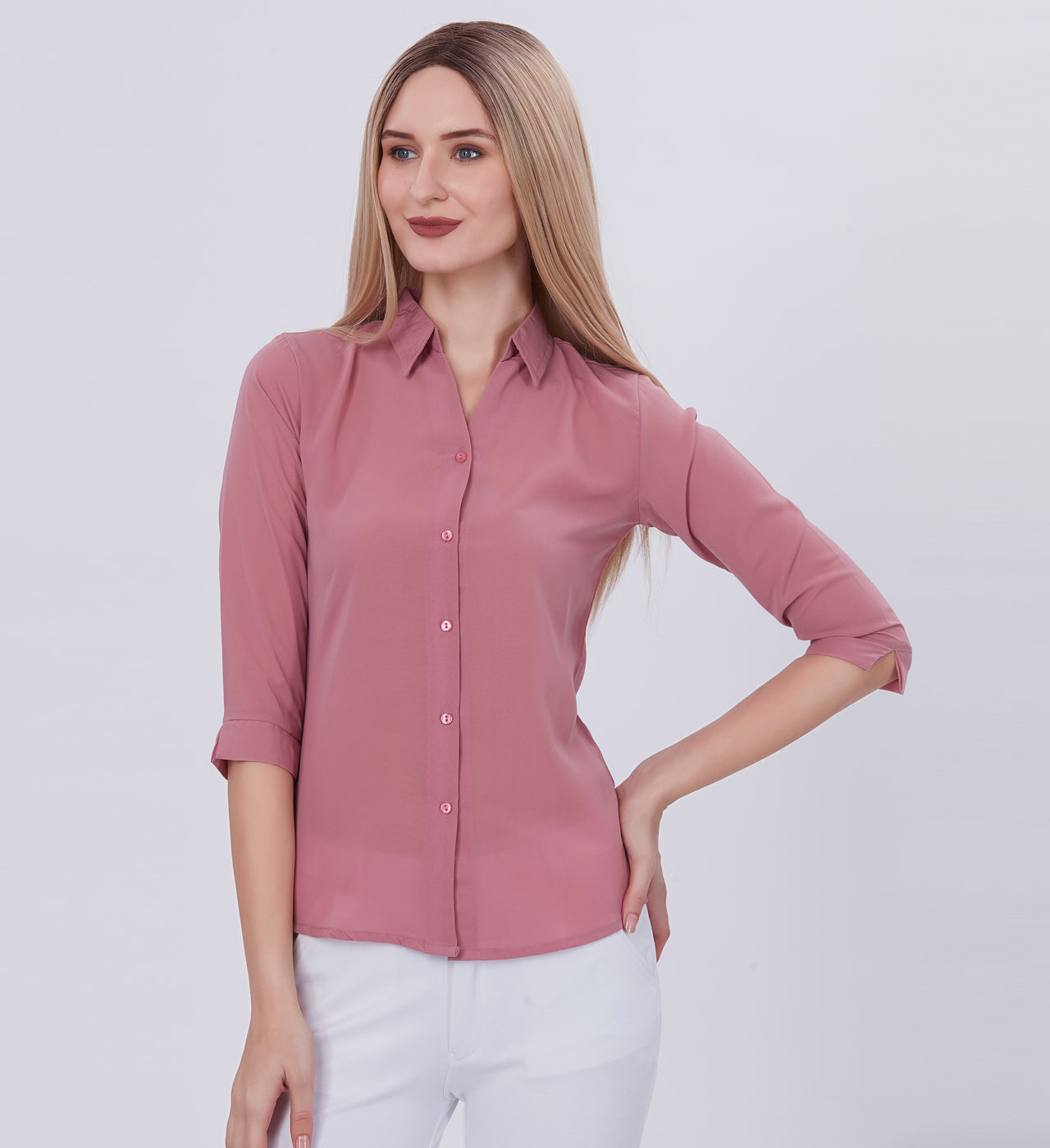 Blum Denim Women's (1001) Light Pink Formal Shirt with Shirt Collar, 3/4 Sleeves, in Pink Maska Killer Fabric