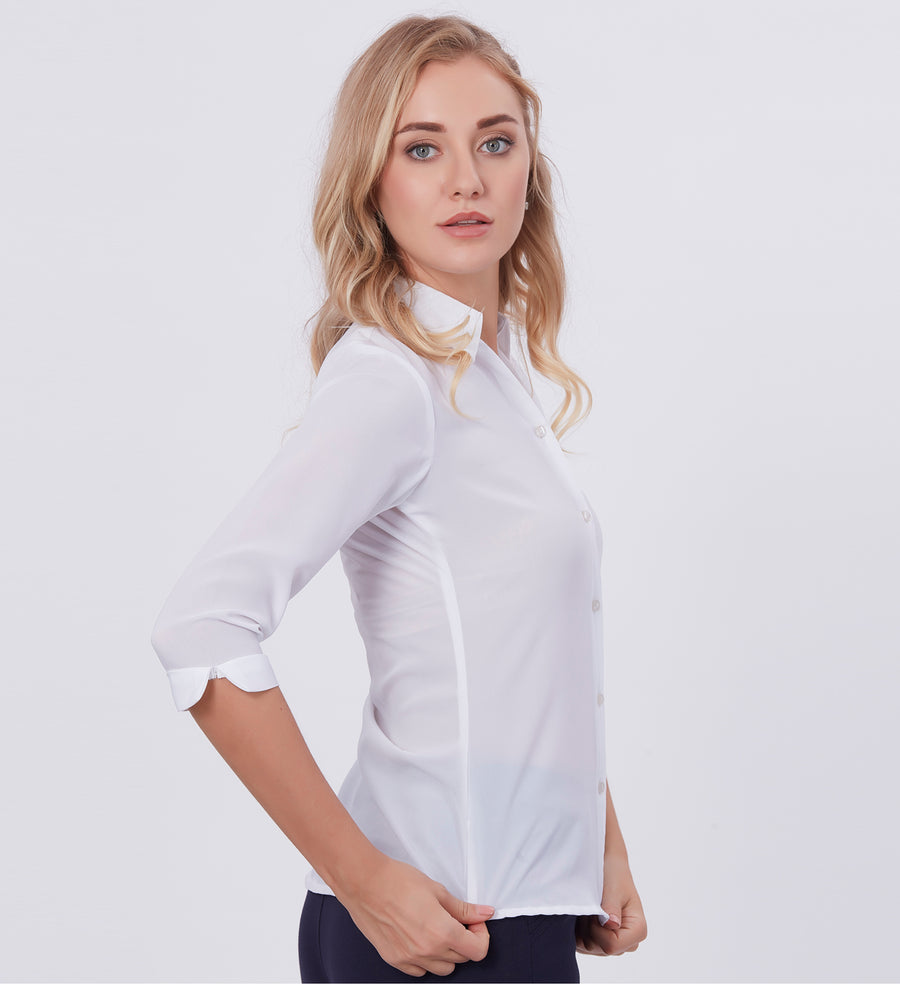 Blum Denim Women's (1001) White Formal Shirt with Shirt Collar, 3/4 Sleeves, in White Maska Killer Fabric