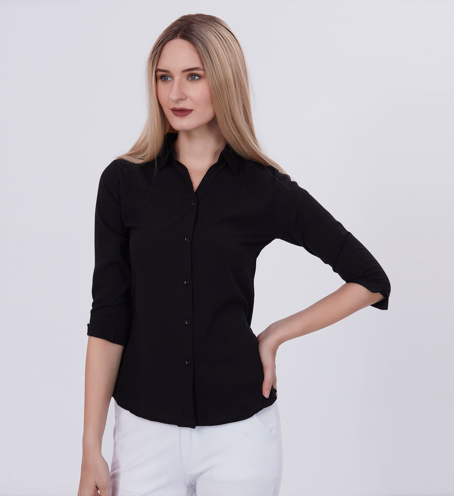 Blum Denim Women's (1001) Black Formal Shirt with Shirt Collar, 3/4 Sleeves, in Black Maska Killer Fabric