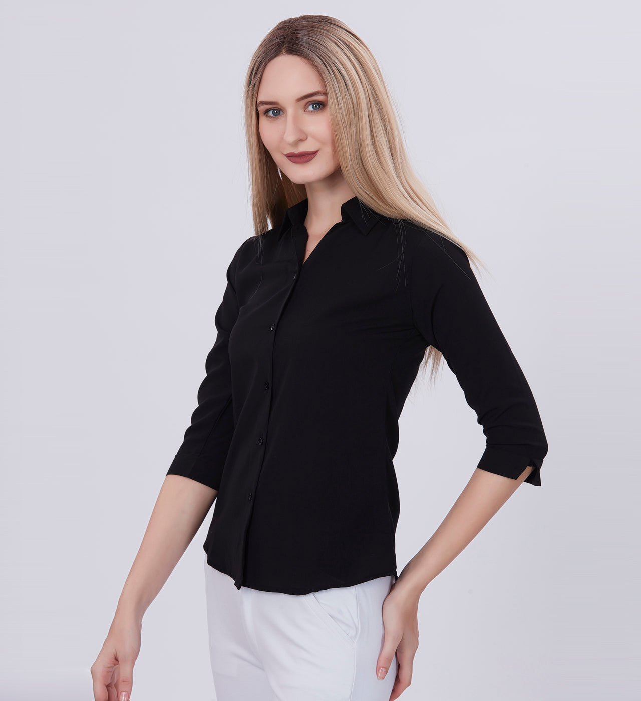 Blum Denim Women s 1001 Black Formal Shirt with Shirt Collar 3 4 Sleeves in Black Maska Killer Fabric