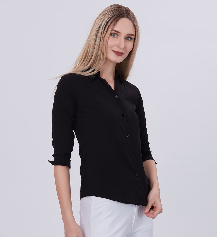 Blum Denim Women's (1001) Black Formal Shirt with Shirt Collar, 3/4 Sleeves, in Black Maska Killer Fabric