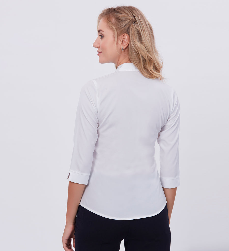 Blum Denim Women's (1002) White Formal Shirt with Shirt Collar, 3/4 Sleeves, in White Inbox Fabric