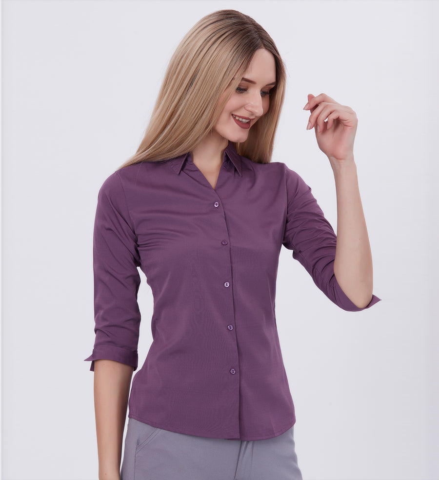 Blum Denim Women's (1002) Purple Formal Shirt with Shirt Collar, 3/4 Sleeves, in White Inbox Fabric