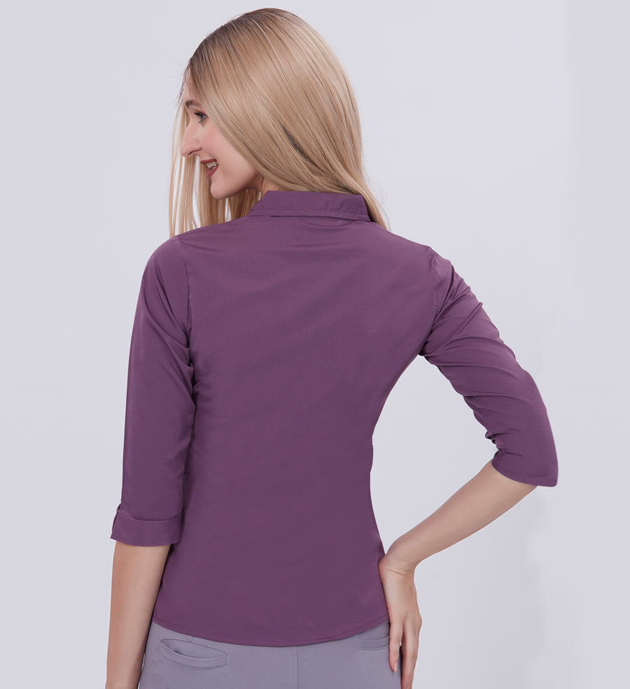 Blum Denim Women's (1002) Purple Formal Shirt with Shirt Collar, 3/4 Sleeves, in White Inbox Fabric